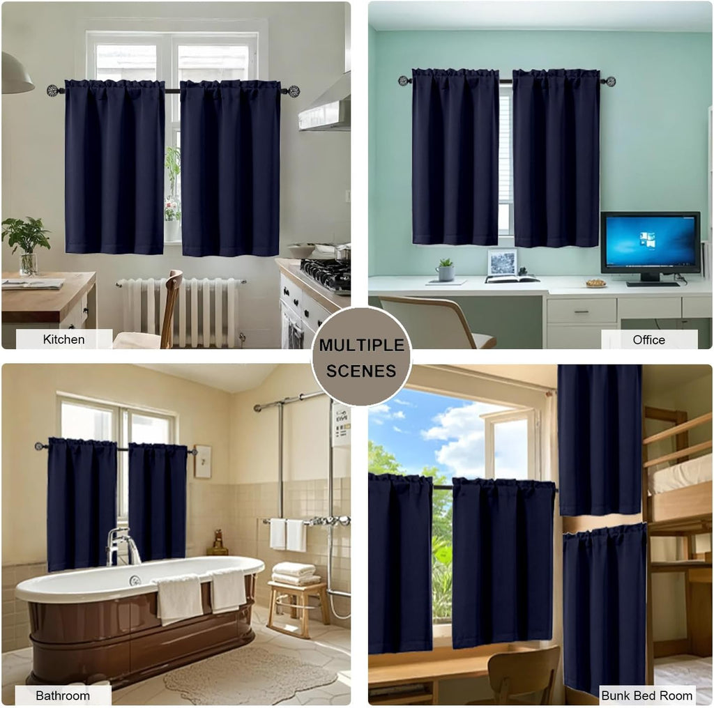 Navy Blue Valance for Windows, Small Blackout Valance Kitchen Curtains for Bathroom Basement, Modern Rod Pocket