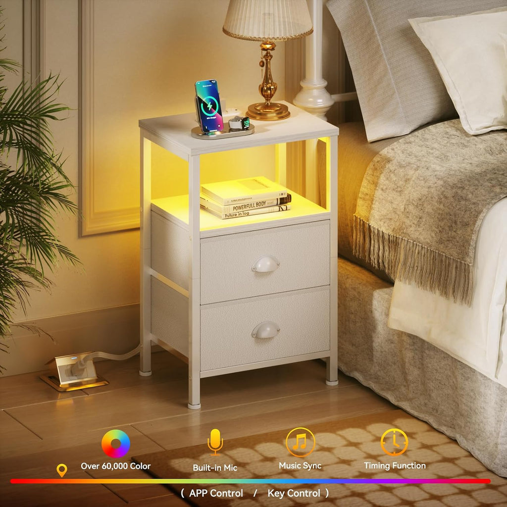 Nightstands Set of 2, End Tables Set of 2 with Charging Station and LED Lights, White Night Stands with 2 Fabric