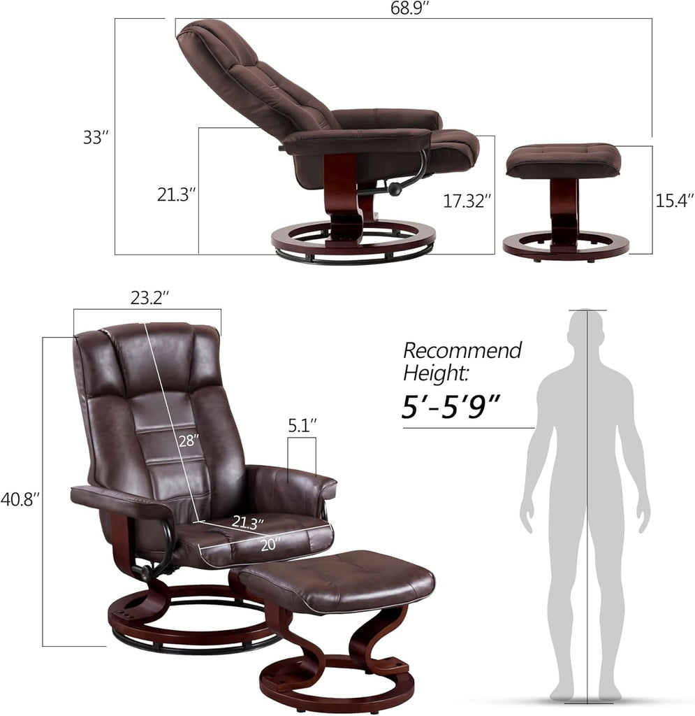 Modern Reclining Swivel Lounge Chair and Ottoman — Brown Faux Leather
