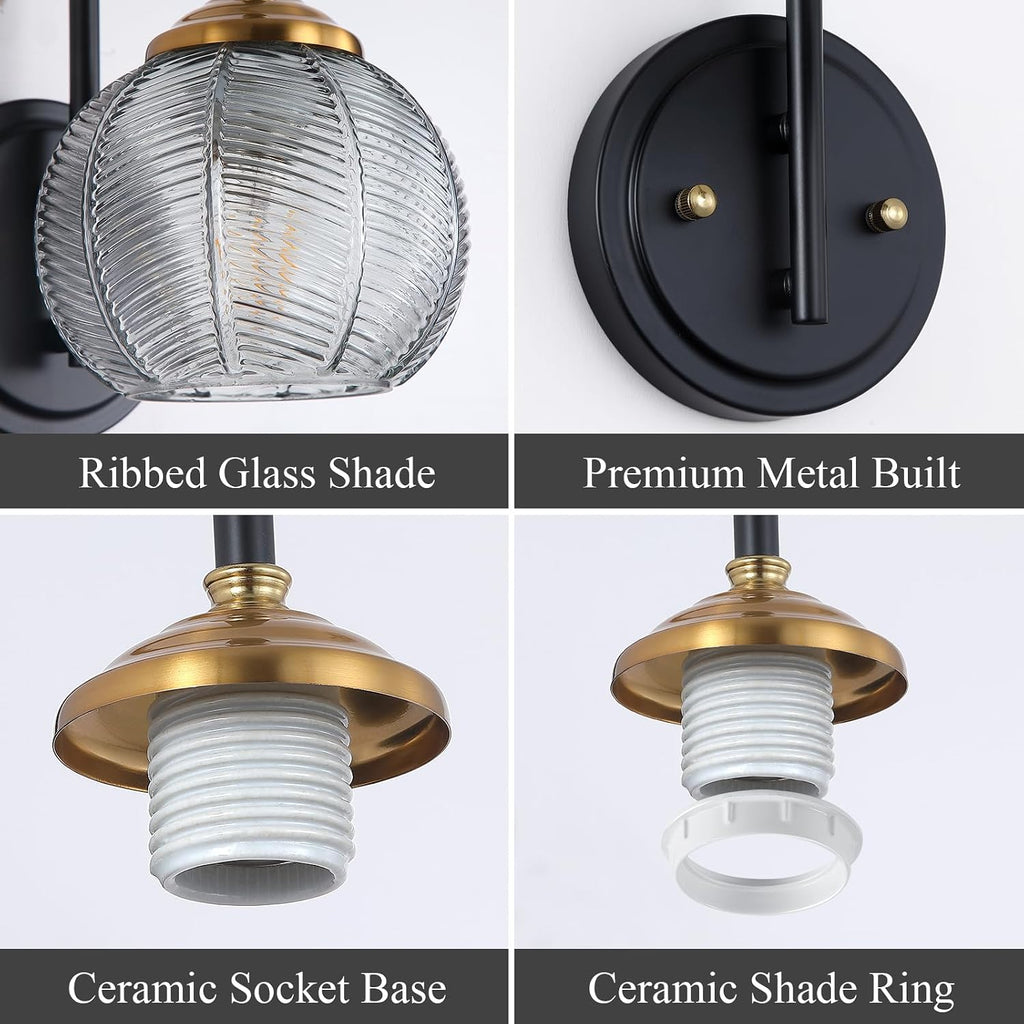 Bathroom Vanity Light Fixtures, 1-Light Smoky Gray Glass Shade, Modern Black and Gold Wall Sconce, Unique Textured