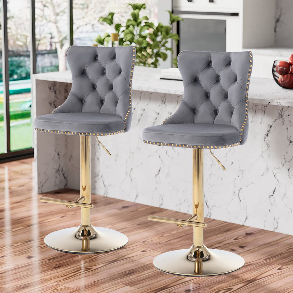 Swivel Bar Stools Set of 2, Adjustable Barstools with Back Velvet Tufted Counter Stool Modern Upholstered Bar Chairs