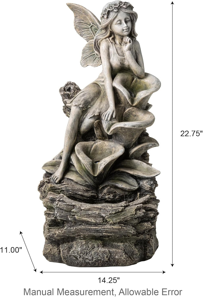 Water Fountain Fountain with Lights & Pump, 22.75" H 4-Tiered Concrete Fairy Polyresin Cascading Waterfall Floor