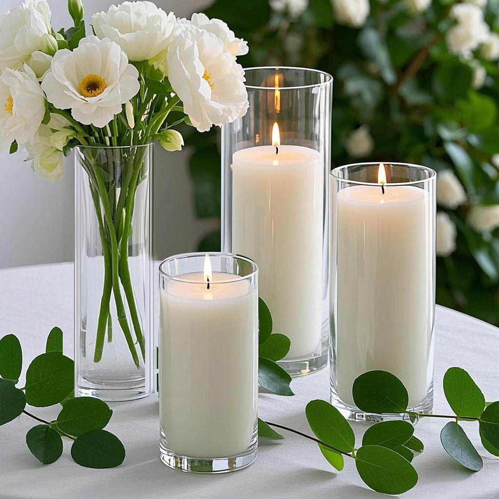 12 PCS White Pillar Candles with Glass Candle Holders Clear Hurricane Candle Holders Glass Cylinder Vases for