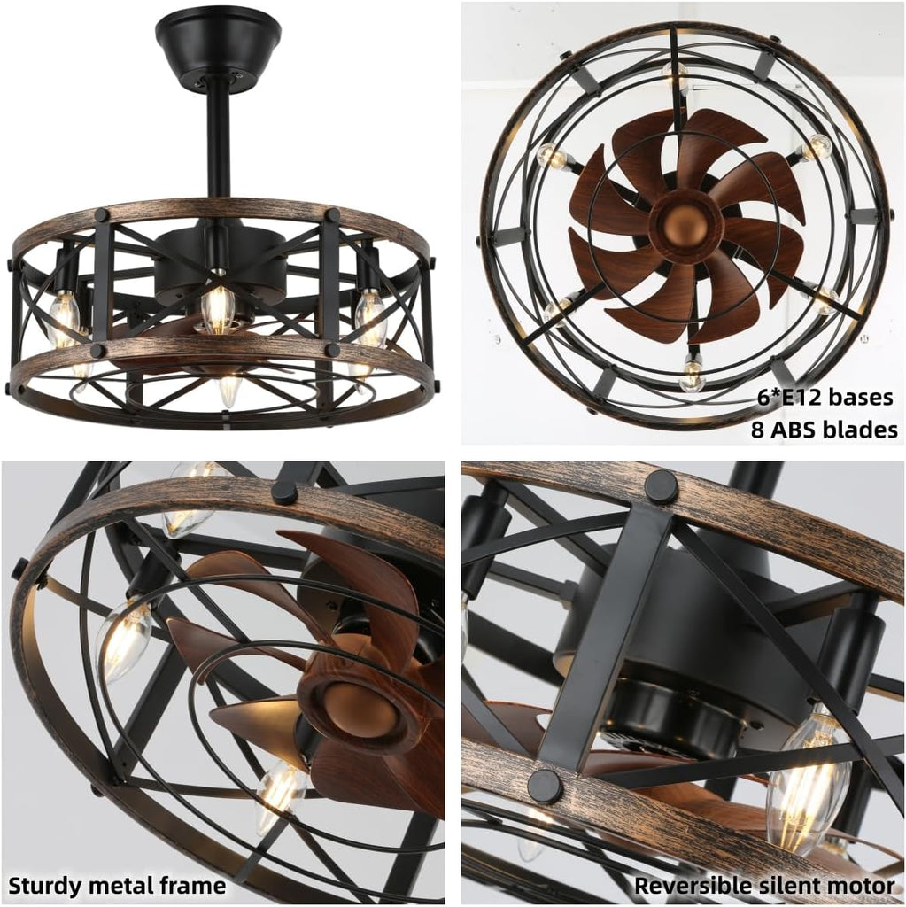 19" Farmhouse Fandelier Ceiling Fan with Light, Caged Bladeless Ceiling Fans with Lights and Remote, Modern Small Enclosed Ceiling Fans with Lights for Living Room, Bedroom, Black