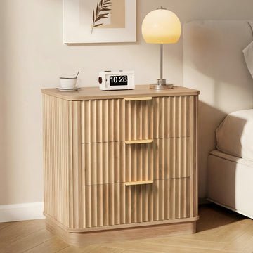 23 inch Wide Fluted Nightstand with 3 Drawers, Modern Curved Bedside Table,Wood Night Stand with Storage,End Table
