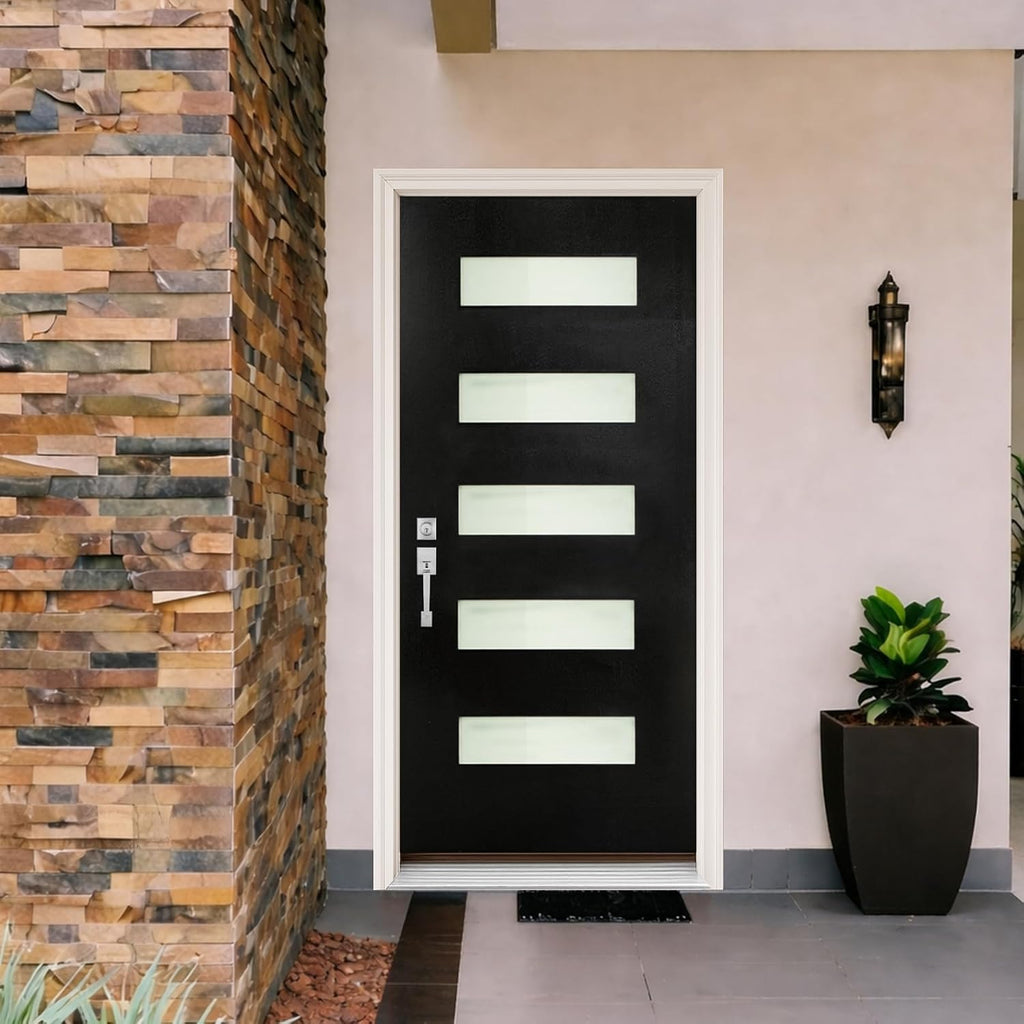 36" x 80" Modern Fiberglass Entry Door, 5-Lite Frosted Glass, Contemporary Exterior Front Door with Vinyl Frame & Brickmould for Residential Homes