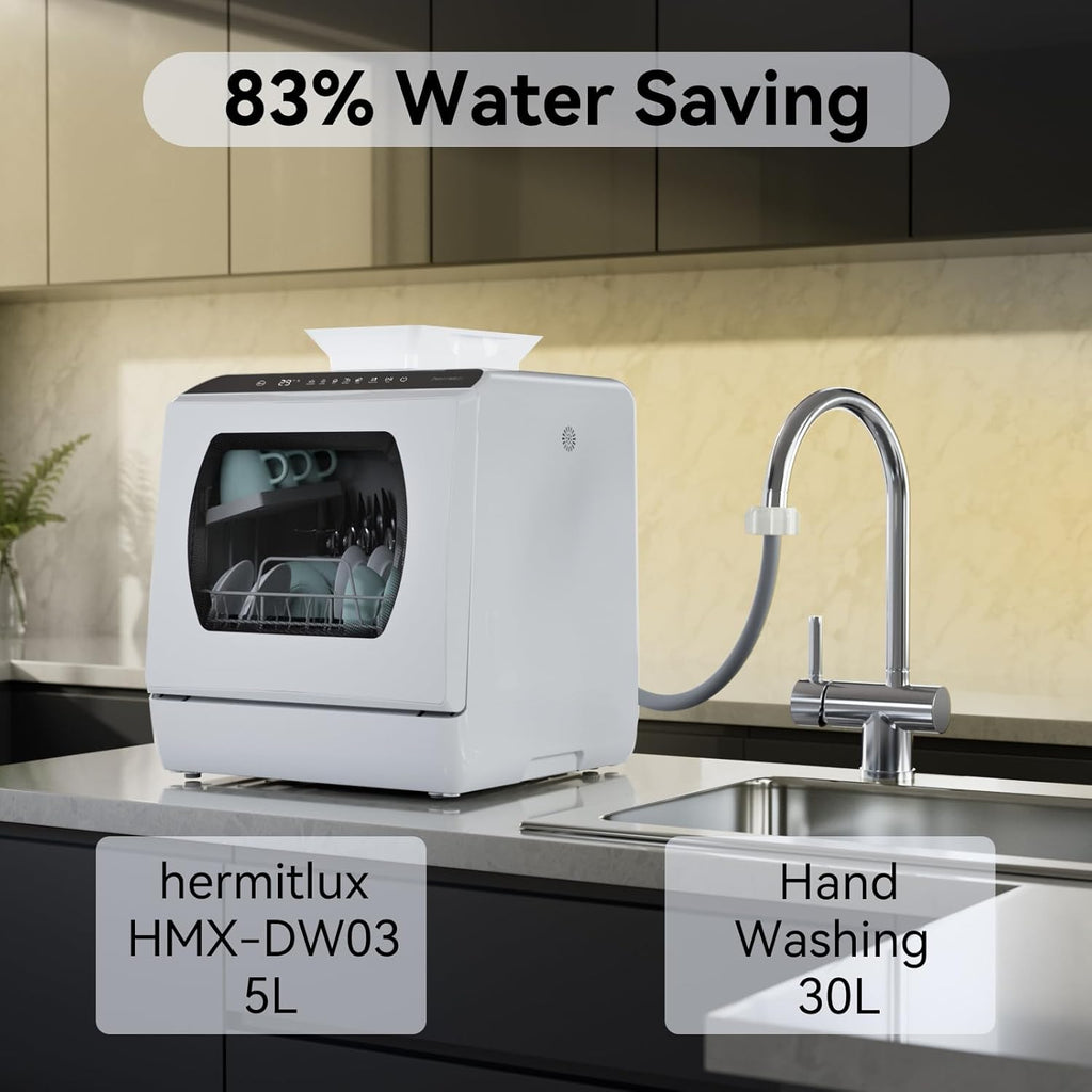 Portable Countertop Dishwashes, 5 Washing Programs Mini Dishwasher with 5-Liter Built-in Water Tank for Apartments & RVs, Tabletop Dishwasher with LED Light & Glass Door, No Hookup Needed