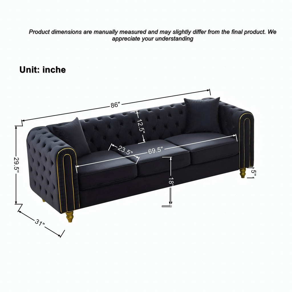 149" Modern Chesterfield Sofa, Luxury 3-Seater Loveseat Set Couch with Button Tufted Rolled Arms and Gold Pine Legs