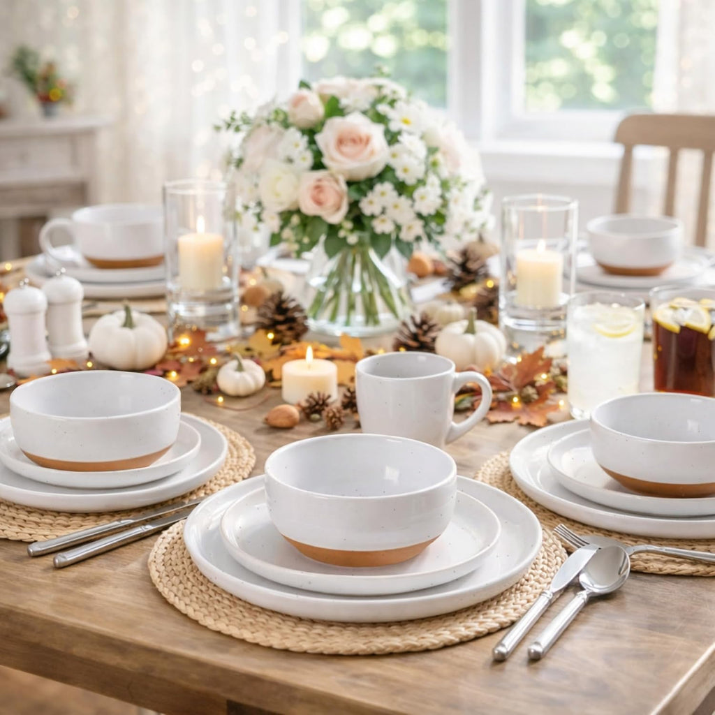 Ceramic Dinnerware Sets for 4, 12 Pieces Handpainted Plates and Bowls Set with Rustic Terracotta Underside
