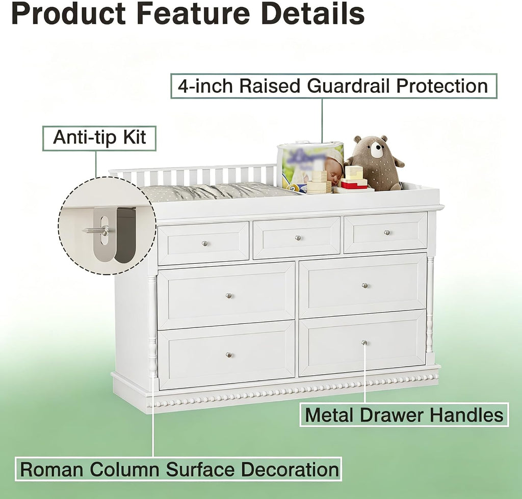 56.5" Baby Changing Table with 7 Storage Drawers, White Nursery Dresser with Removable Changing Top, Large