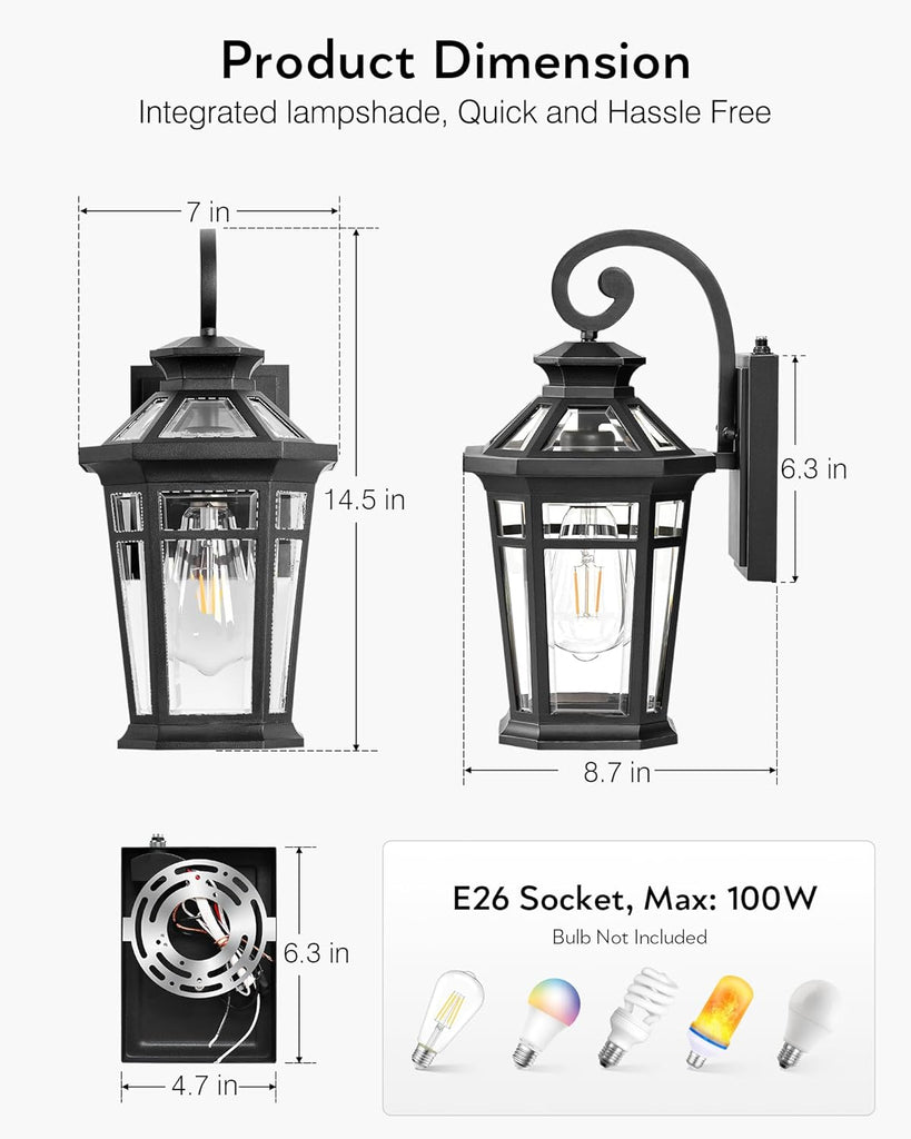 Outdoor Light Fixtures Wall Mount, Black Exterior Sconce Lights Waterproof