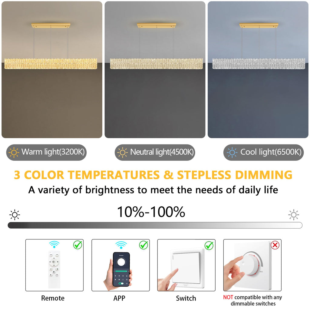 Rectangular Crystal Chandelier Dimmable LED Linear Chandeliers Remote Ceiling Pendants Light Fixture Island Gold