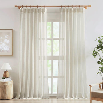 Linen Sheer Pinch Pleated Curtains, Linen Flax Beige 108 Inches Long Sheer Curtain See Through Panels, Natural Window