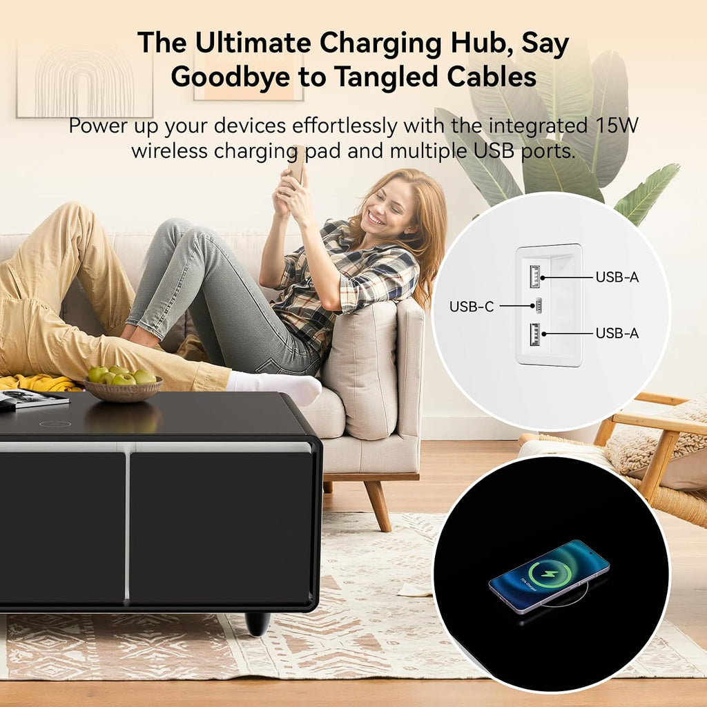 Smart Coffee Table with Refrigerator and Freezer Drawers - Wireless Charging, Bluetooth Speakers, LED - Black