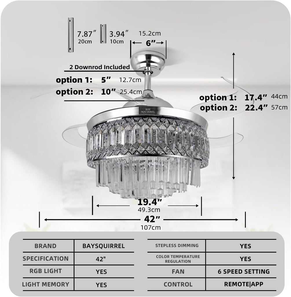 Retractable Crystal Ceiling Fan with Lights, Bluetooth Ceiling Fan with Speaker, 6-Speed Reversible Blades