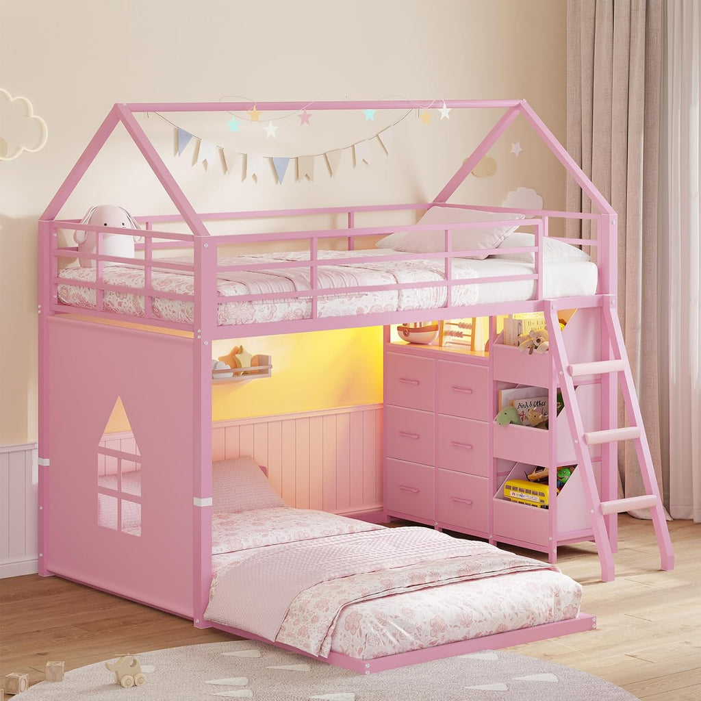 Bunk Bed Twin Over Twin with 6 Storage Drawers and 3 Open Bins, House Bunk Bed with LED Lights