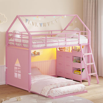 Bunk Bed Twin Over Twin with 6 Storage Drawers and 3 Open Bins, House Bunk Bed with LED Lights