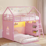 Bunk Bed Twin Over Twin with 6 Storage Drawers and 3 Open Bins, House Bunk Bed with LED Lights