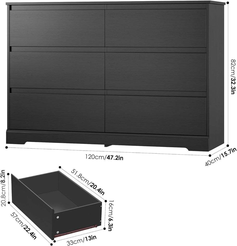6 Drawer Double Dresser, Black Dresser, Modern 6 Chest of Drawers with Deep Drawers, Wide Storage Organizer Cabinet