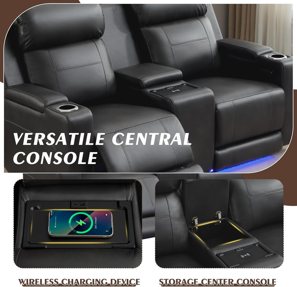 Power Reclining Loveseat with Adjustable Headrest, Home Theater Seating with LED Light/Armrest Storage