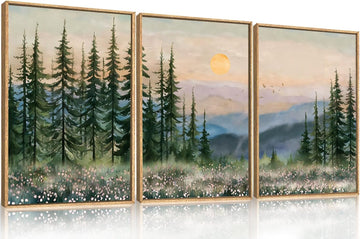 Boho Sunset Forest Framed Canvas Wall Art Set,Natural Green Pine Tree Wall Decor,Modern Watercolor Mountain Landscape