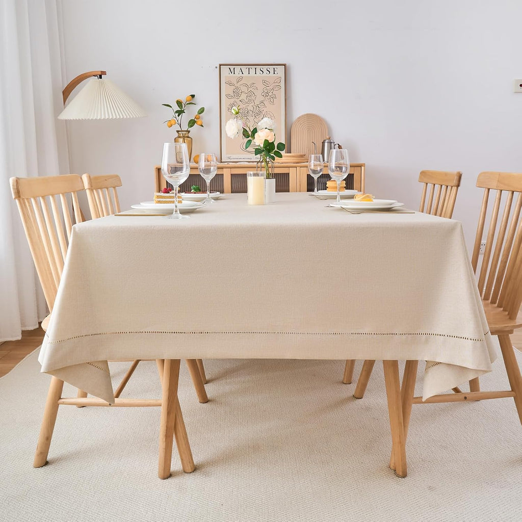 Light Natural Handmade Hemstitch Contemporary Linen Blend Solid Color Tablecloth for Dinner Table, P