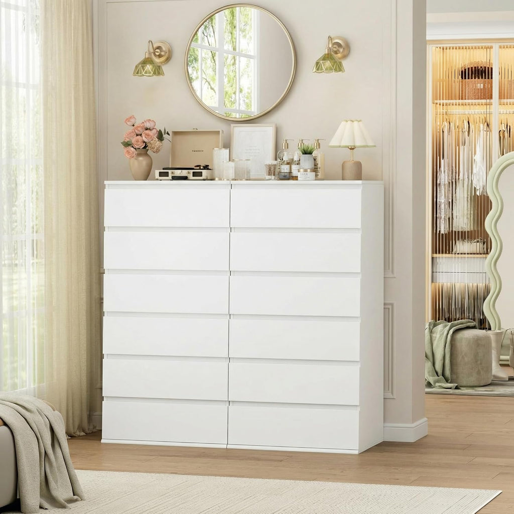 White Dresser, 6 Drawer Dresser, Modern Tall Floor Storage Cabinet with Metal Sliding Rail, Wooden Handleless Drawer