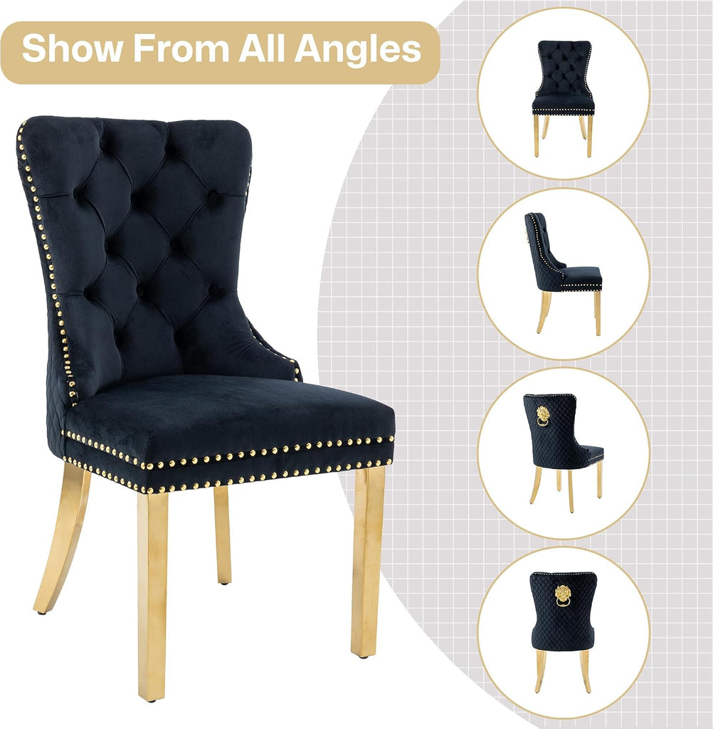 Velvet Dining Chairs Set of 2, Nikki Collection Dining Room Chairs with Gold Metal Legs and Lion Head Pull Ring