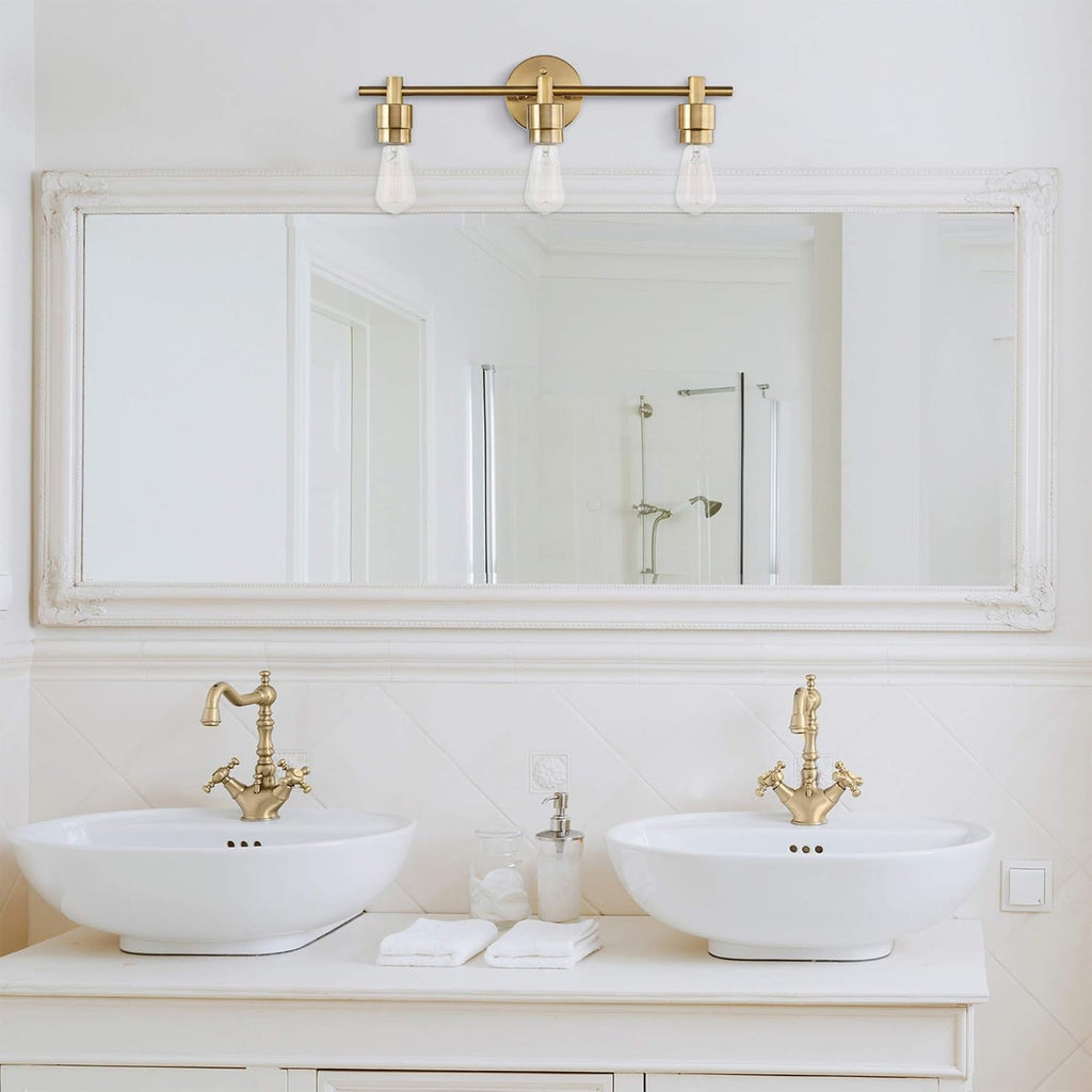 5-Piece Bathroom Accessory Set with 3-Light Vanity Fixture, Matte Brass Finish, Open Socket Design, Towel Bar, Towel