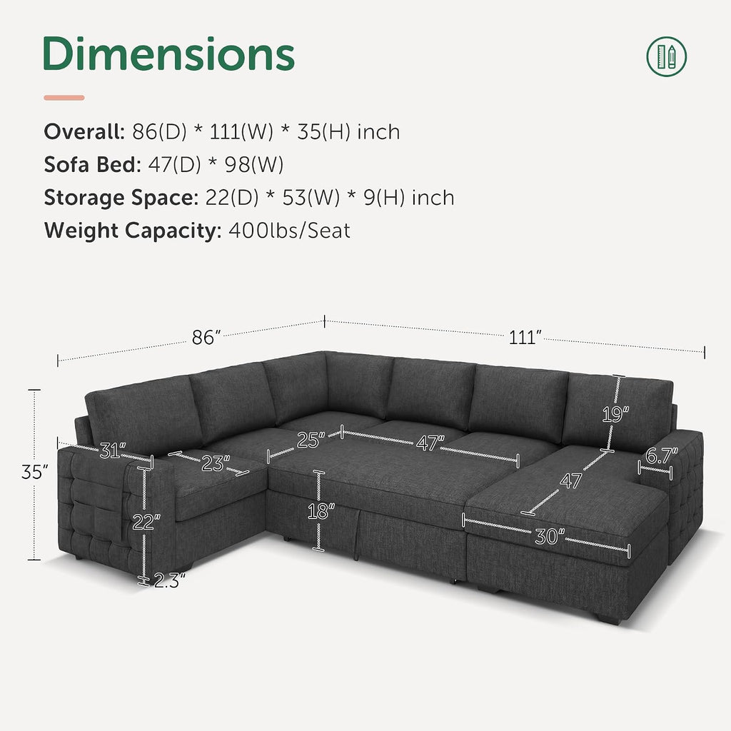 Sectional Couch with Pull Out Bed, U-Shaped Sectional Sleeper Sofa with Storage, 6 Seater Sectional Sofa Bed, Mid-Grey
