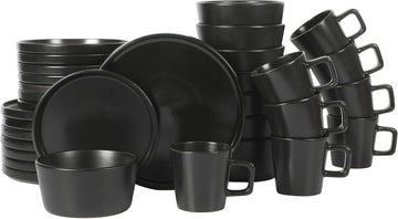 Bowery 32 Piece Matte Black Stoneware Dinnerware Plates, Bowls, and Mugs Set - Service for 8