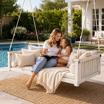 Twin Size Acacia Wood Porch Swing Bed with 4 Heavy Duty Ropes,Hanging Daybed Swing Bench for 2 People, 350 LBS