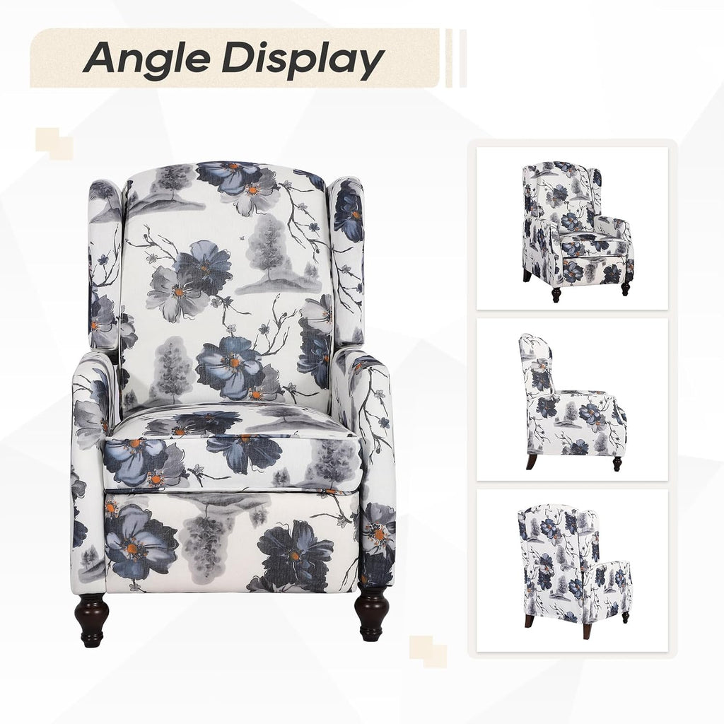 Upholstered Wingback Recliner Chair, Mid Century Modern Manual Push Back Recliner (1, Blue Floral)