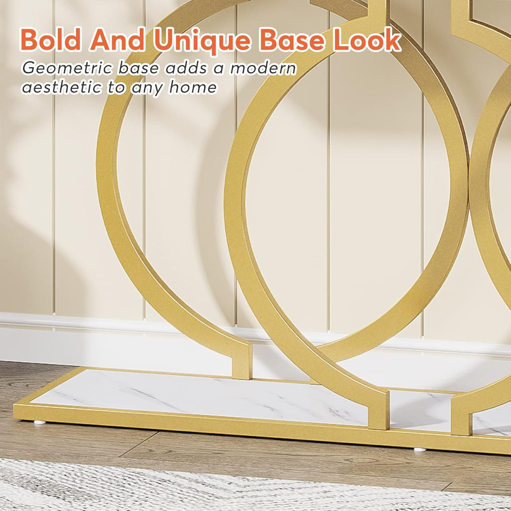 Gold Console Table, 55 inch Modern Entryway Table with Geometric Metal Frame, Faux Marble Narrow Long Sofa Table