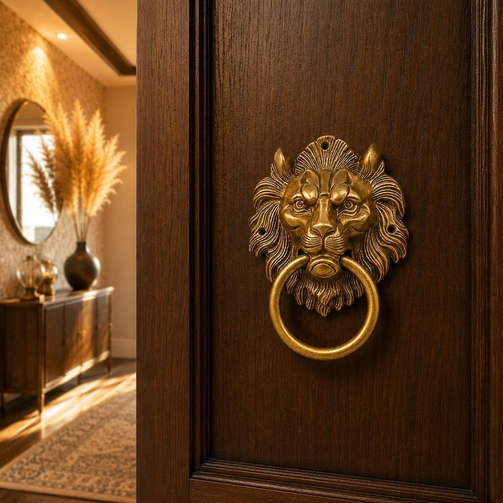 Lion Head Brass Door Knocker Authentic Vintage Unique Front Door Holder with Gold Finish Rare Solid Door Accessories