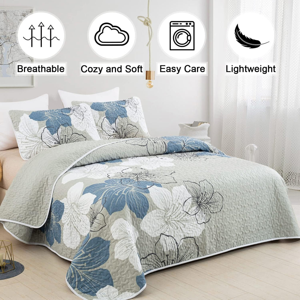 3 Pieces Quilt Set Floral Pattern Coverlet Elegant Boho Bedspread with 2 Pillow Shams Lightweight Microfiber