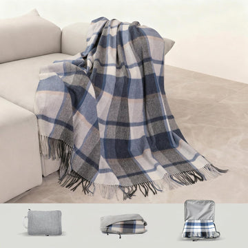 Pure Wool Plaid Throw Blanket Tartan Fringe Soft Cozy, 83"x55"