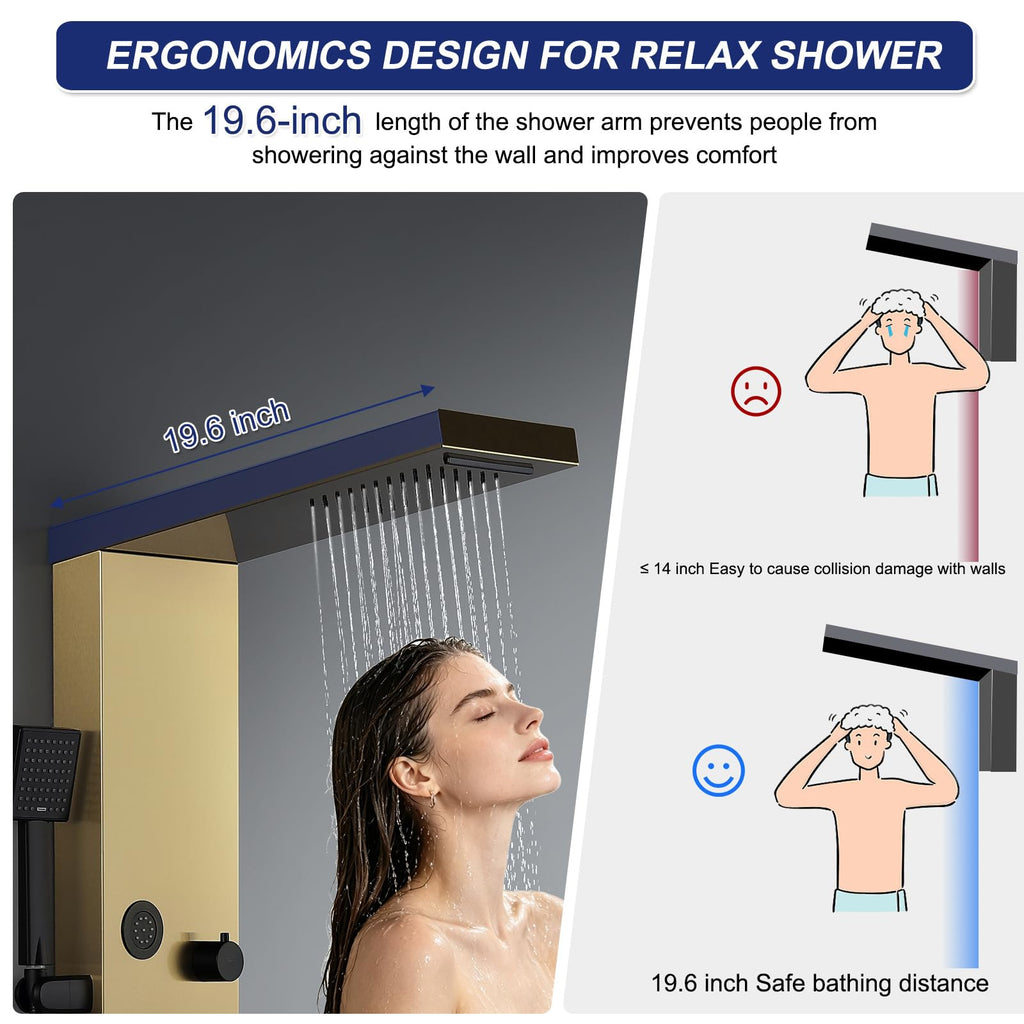 4-in-1 Rainfall Waterfall Shower Panel Tower System, Brushed Gold