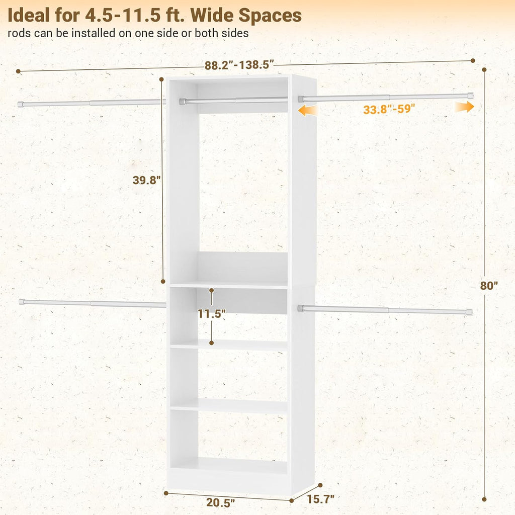 Closet System, 4.5-11.5 Ft Expandable Closet Organizer, White | 5 Hanging Rods, Walk-in Wood Closet Organizer System