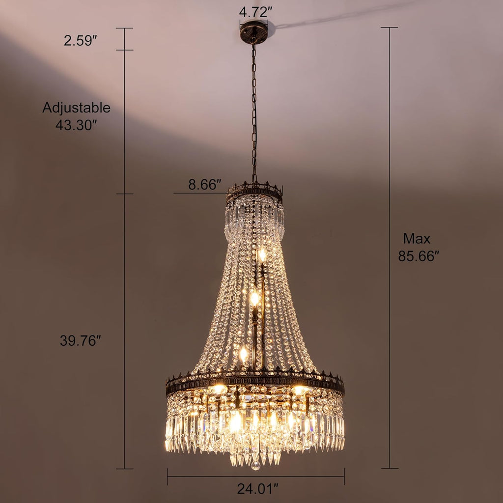 French Empire Crystal Chandeliers,9 Lights Rustic Farmhouse Chandelier,High Ceiling Light Fixture for Entryway,Antique Bronze Chandeliers for Dining Living Room,Foyer,Staircase,24" W x 40'' H
