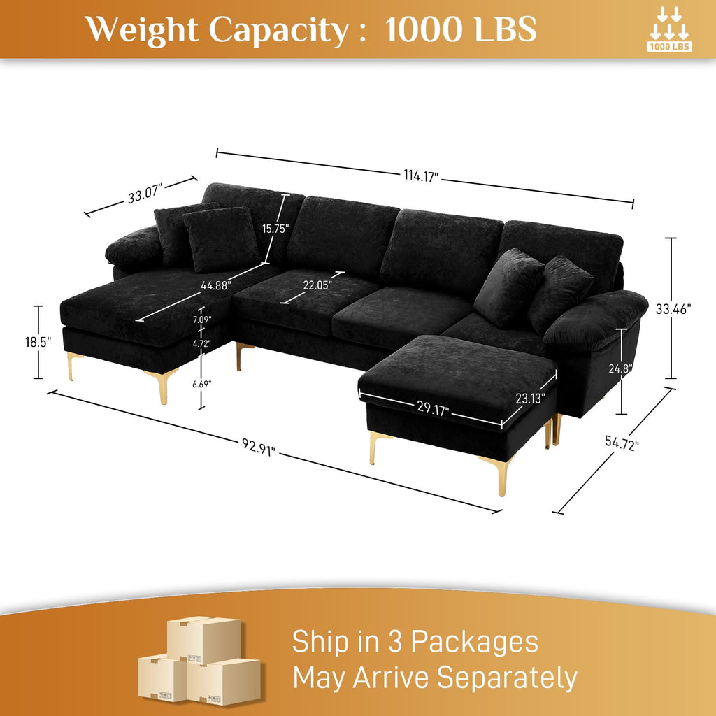114" U-Shaped Velvet Sectional Couch with Ottoman, Black