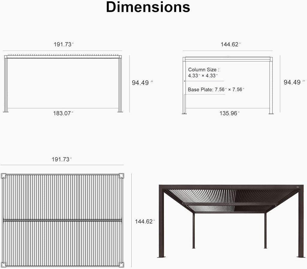 Outdoor 12' × 16' Louvered Pergola with Screens Patio Adjustable Aluminum Canopy Retractable Metal Roof for Deck