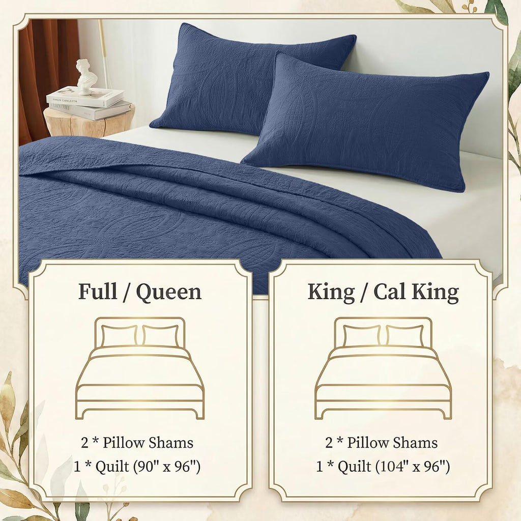 Queen Quilt Bedding Sets,Dark Blue Ultrasonic Lightweight King Coverlet,Coin Pattern Soft Bedspreads for All Season