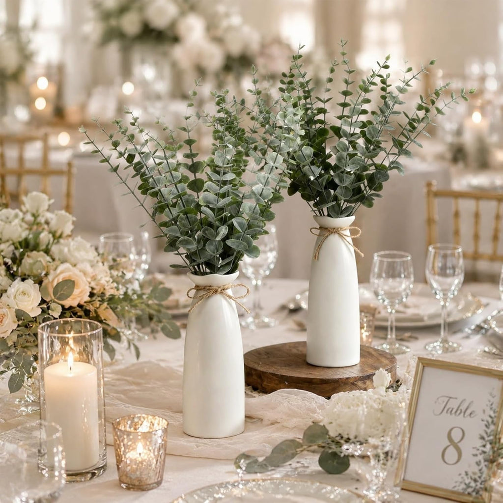 2 Pack Artificial Eucalyptus Stem in White Ceramic Vase 19" Fake Greenery Plants Decor 40 Pcs Modern Indoor Fake