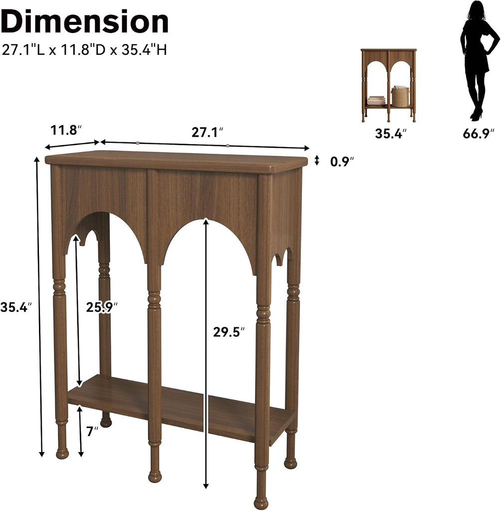 Console Table with Storage Shelf, 28" Retro 2-Tier Entryway Table, Wooden Sofa Table with Roman-Style Legs , Brown