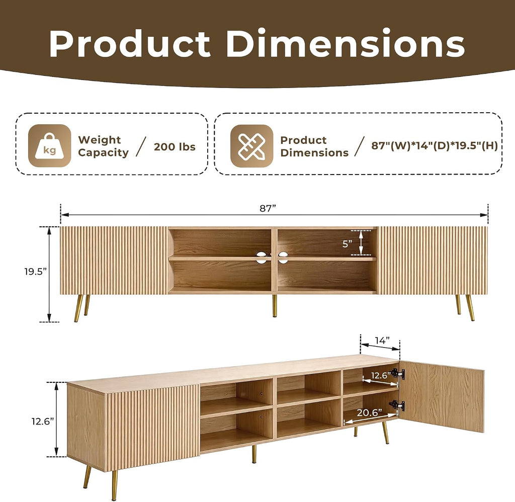 Modern 86" Wood TV Stand for Living Room, Fluted Design Entertainment Center with Adjustable Shelves for TVs Up to 80",Media TV Console with Storage for Bedroom, Natural