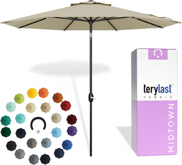 10-Year-No-Fade 9 Ft Patio Umbrella with Terylast Fabric, Auto-Tilt Aluminum Frame and 8 Reinforced Ribs Pool - Chestnut