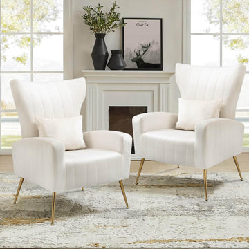 Velvet Accent Chairs Set of 2, Modern Living Room Chair with Gold Legs & Pillow, Bedroom Side Chair with High