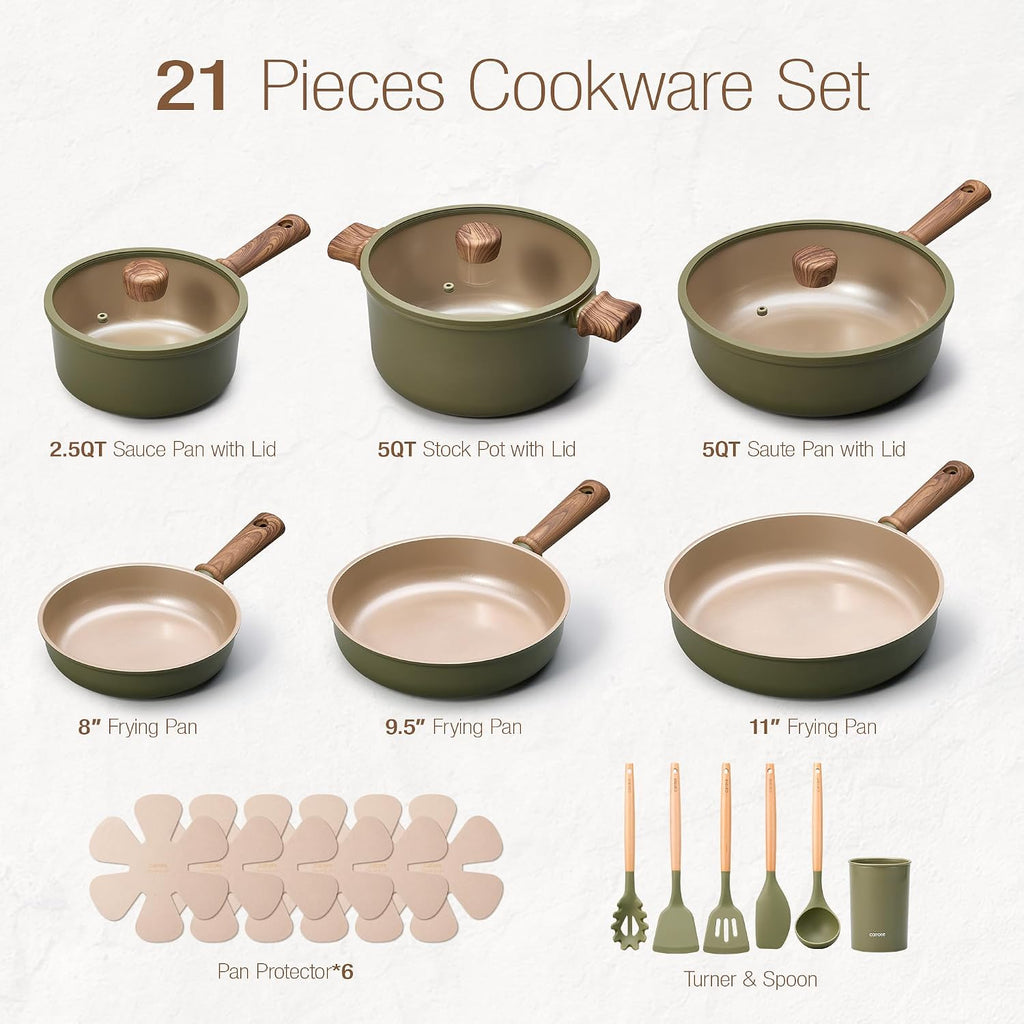 21pcs Ceramic Cookware Set, Pots and Pans Set, Green | Non-Toxic Healthy Kitchen Cooking Set, Easy Clean, Even