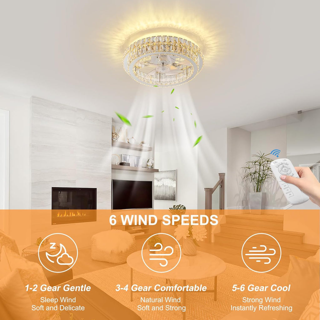 Fandelier Ceiling Fan with Lights and Remote Control Dimmable Crystal Ceiling Fan LED 3 Color 6 Speeds Chandelier Fan